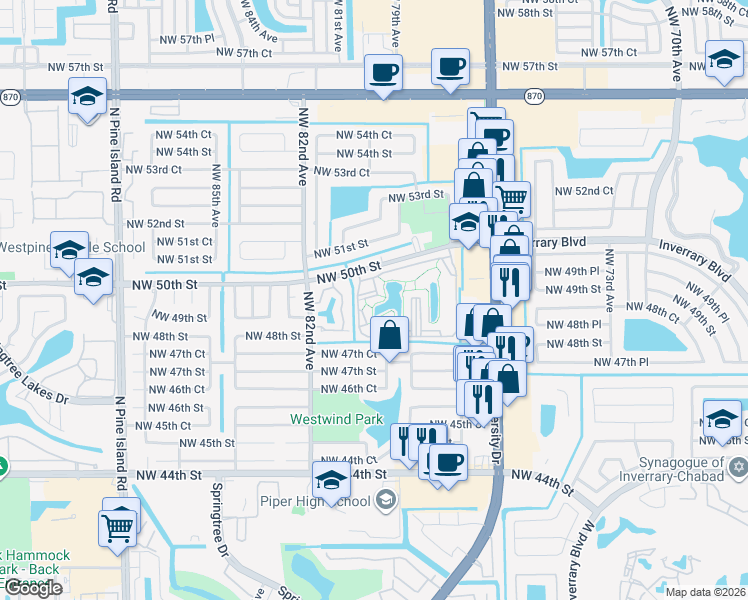 map of restaurants, bars, coffee shops, grocery stores, and more near 10501 Northwest 50th Street in Sunrise