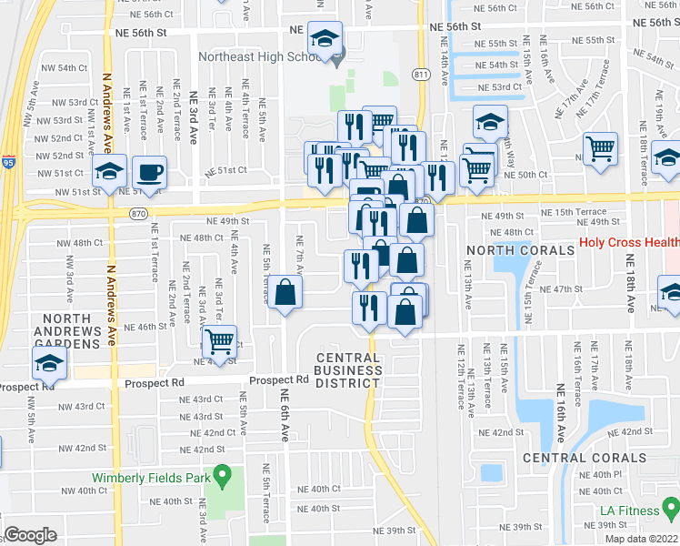 map of restaurants, bars, coffee shops, grocery stores, and more near 4051 Northeast 8th Terrace in Oakland Park