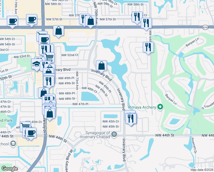 map of restaurants, bars, coffee shops, grocery stores, and more near 7090 Northwest 49th Place in Lauderhill