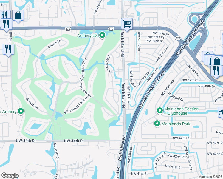 map of restaurants, bars, coffee shops, grocery stores, and more near 4901 Bayberry Lane in Tamarac