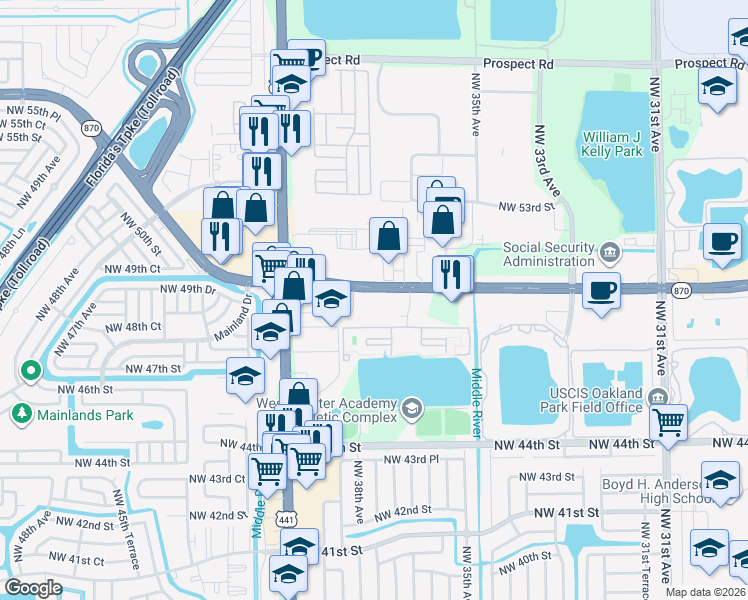 map of restaurants, bars, coffee shops, grocery stores, and more near 3800 Northwest 50th Street in Tamarac