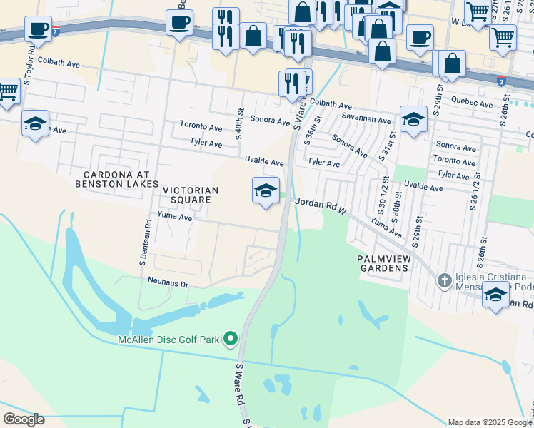 map of restaurants, bars, coffee shops, grocery stores, and more near 2700 South Ware Road in McAllen