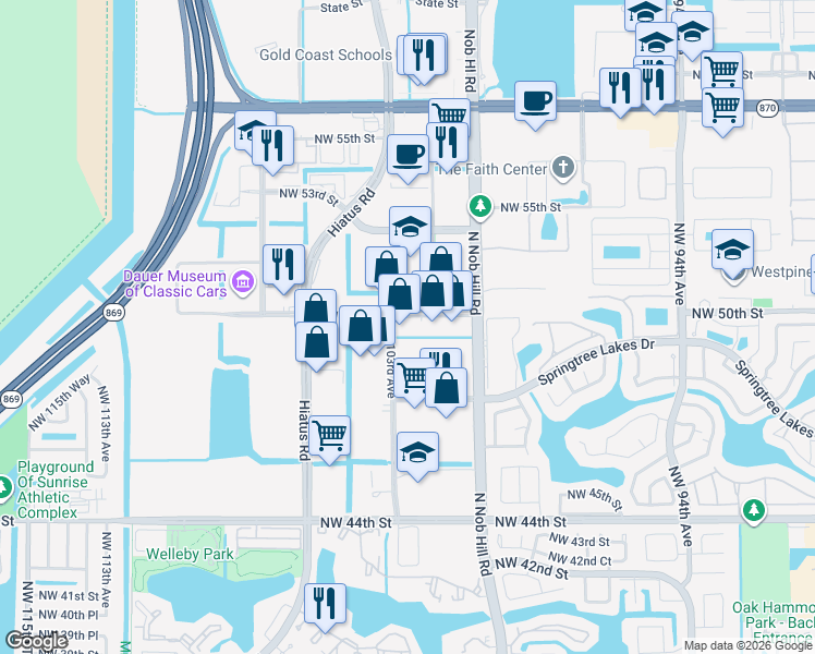 map of restaurants, bars, coffee shops, grocery stores, and more near 10212 Northwest 50th Street in Sunrise