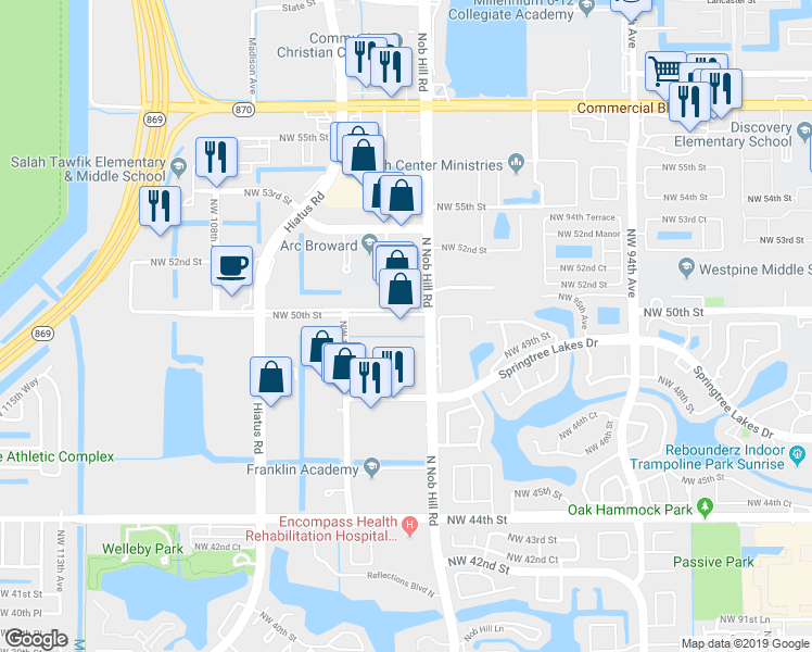 map of restaurants, bars, coffee shops, grocery stores, and more near 4901-4999 N Nob Hill Rd in Sunrise