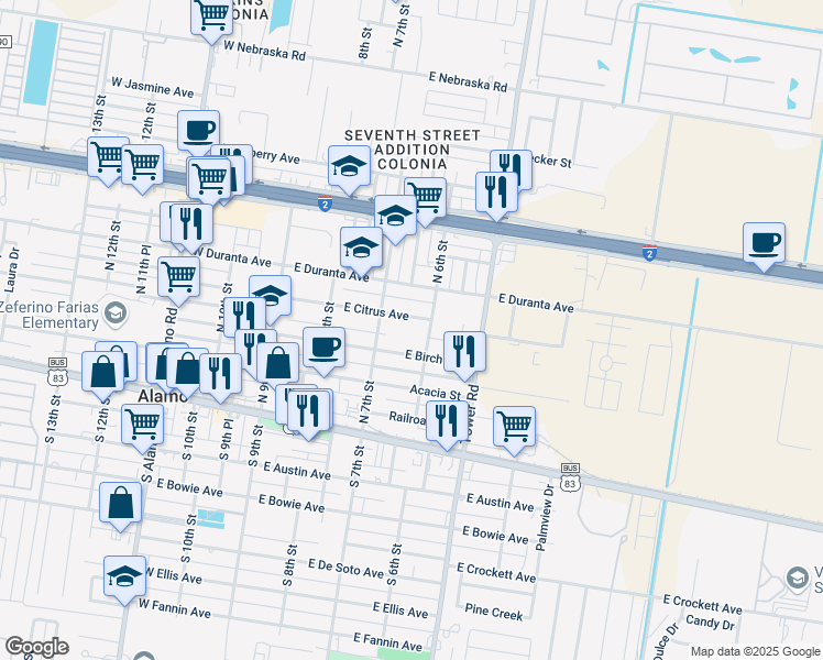 map of restaurants, bars, coffee shops, grocery stores, and more near 614 East Birch Avenue in Alamo