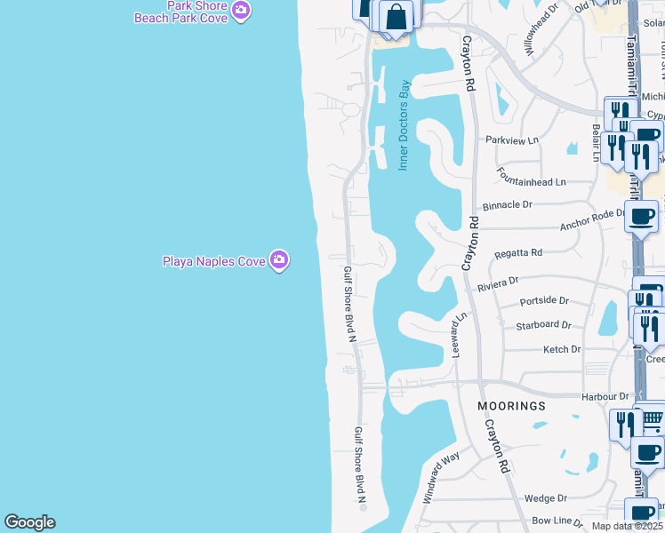 map of restaurants, bars, coffee shops, grocery stores, and more near 3399 Gulf Shore Boulevard North in Naples