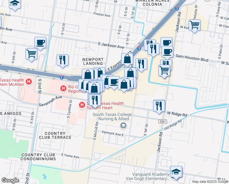 map of restaurants, bars, coffee shops, grocery stores, and more near 708 East Expressway 83 in McAllen