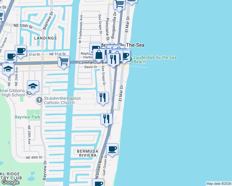 map of restaurants, bars, coffee shops, grocery stores, and more near 4136 North Ocean Drive in Lauderdale-by-the-Sea