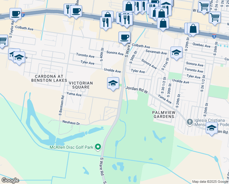 map of restaurants, bars, coffee shops, grocery stores, and more near 2700 South Ware Road in McAllen