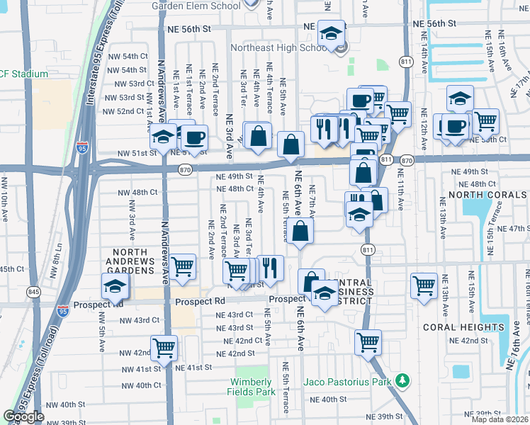 map of restaurants, bars, coffee shops, grocery stores, and more near 4731 Northeast 5th Avenue in Fort Lauderdale