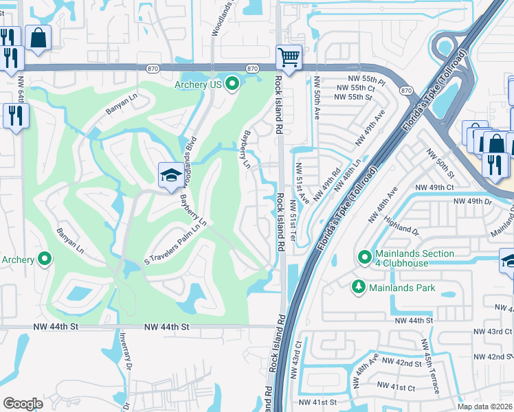 map of restaurants, bars, coffee shops, grocery stores, and more near 4901 Bayberry Lane in Tamarac