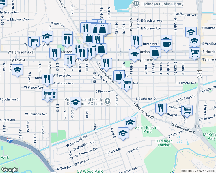 map of restaurants, bars, coffee shops, grocery stores, and more near 221 E Pierce Ave in Harlingen
