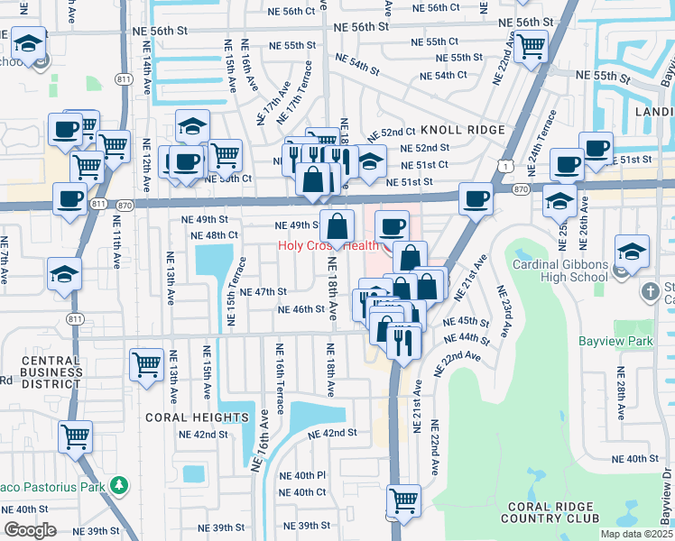 map of restaurants, bars, coffee shops, grocery stores, and more near 4715 Northeast 18th Avenue in Oakland Park