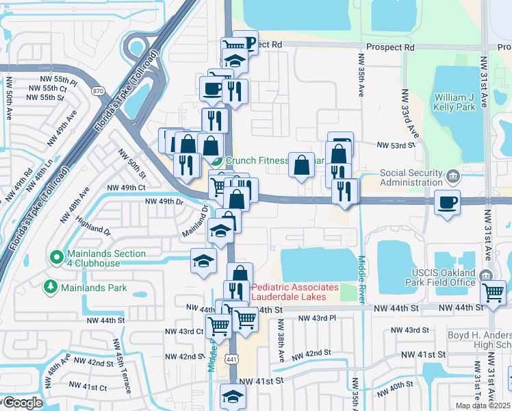 map of restaurants, bars, coffee shops, grocery stores, and more near 3823 Northwest 38th Terrace in Tamarac