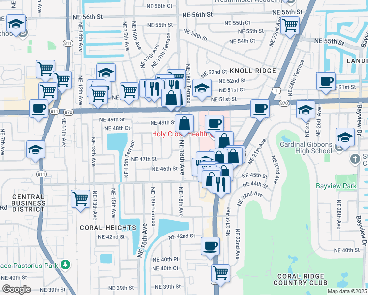map of restaurants, bars, coffee shops, grocery stores, and more near 4715 Northeast 18th Avenue in Oakland Park