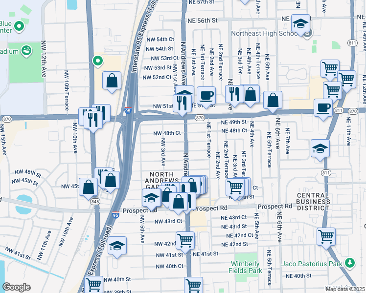 map of restaurants, bars, coffee shops, grocery stores, and more near 140 Northwest 47th Court in Fort Lauderdale