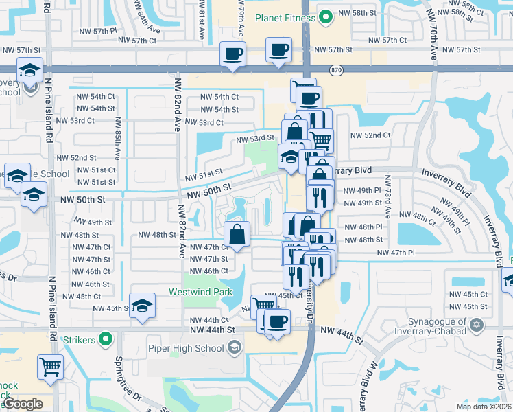 map of restaurants, bars, coffee shops, grocery stores, and more near 7750 Northwest 50th Street in Lauderhill