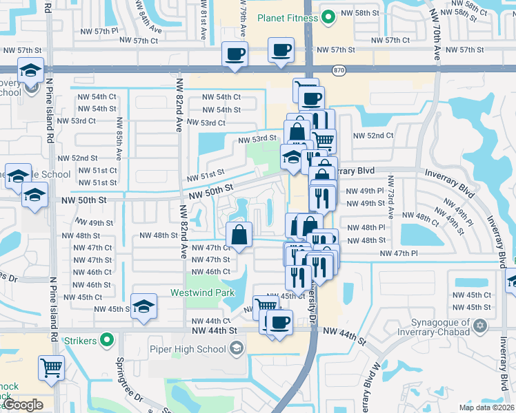 map of restaurants, bars, coffee shops, grocery stores, and more near 7750 Northwest 50th Street in Lauderhill