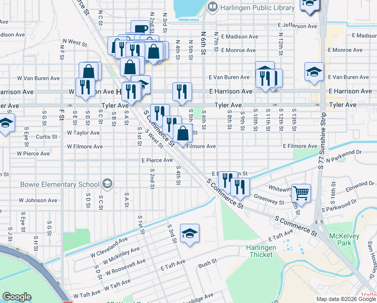 map of restaurants, bars, coffee shops, grocery stores, and more near 370-404 E Pierce Ave in Harlingen