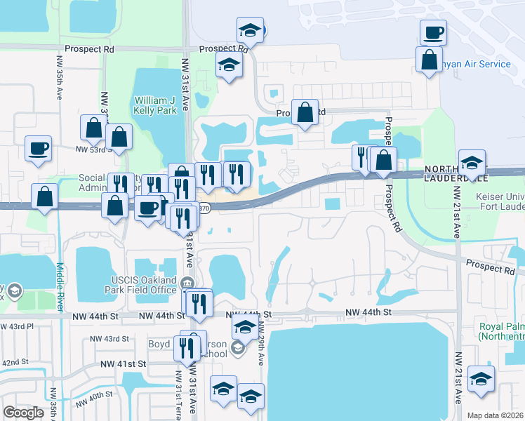 map of restaurants, bars, coffee shops, grocery stores, and more near 2861 Oak Tree Drive in Tamarac