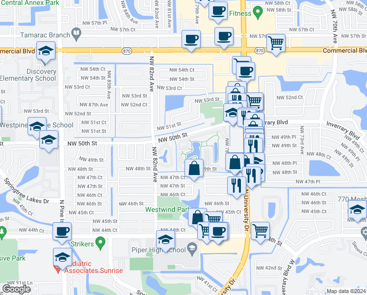 map of restaurants, bars, coffee shops, grocery stores, and more near 7941 Northwest 50th Street in Lauderhill