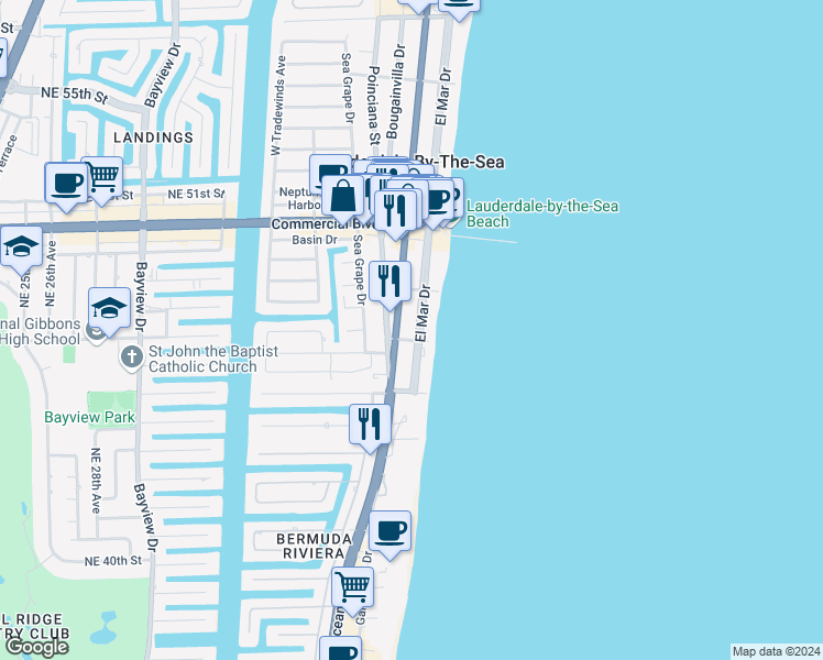 map of restaurants, bars, coffee shops, grocery stores, and more near 4136 North Ocean Drive in Lauderdale-by-the-Sea