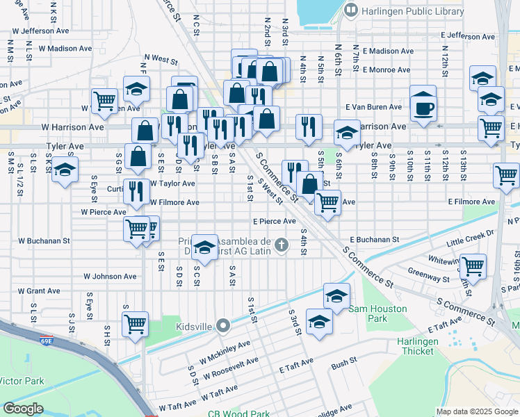 map of restaurants, bars, coffee shops, grocery stores, and more near Pierce Avenue in Harlingen