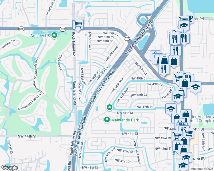 map of restaurants, bars, coffee shops, grocery stores, and more near 4747 Northwest 48th Terrace in Tamarac