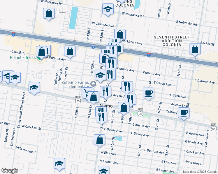 map of restaurants, bars, coffee shops, grocery stores, and more near 1036 East Acacia Avenue in Alamo