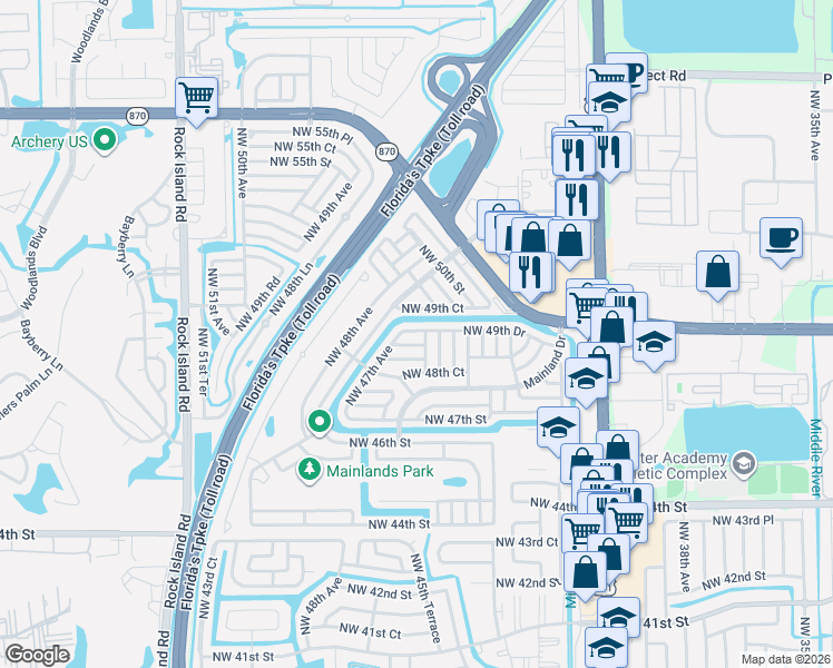 map of restaurants, bars, coffee shops, grocery stores, and more near 4513 Northwest 49th Street in Tamarac