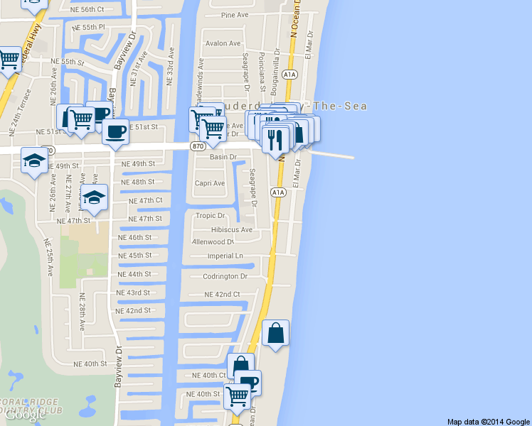map of restaurants, bars, coffee shops, grocery stores, and more near 4136 North Ocean Drive in Lauderdale-by-the-Sea