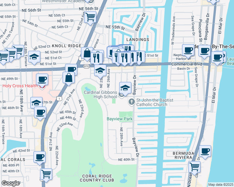 map of restaurants, bars, coffee shops, grocery stores, and more near 4701 Northeast 28th Avenue in Fort Lauderdale