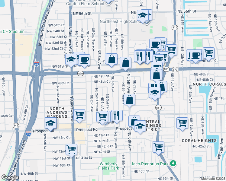 map of restaurants, bars, coffee shops, grocery stores, and more near 4731 Northeast 5th Avenue in Fort Lauderdale