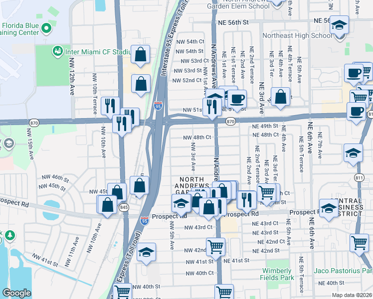 map of restaurants, bars, coffee shops, grocery stores, and more near 348 Northwest 47th Court in Fort Lauderdale