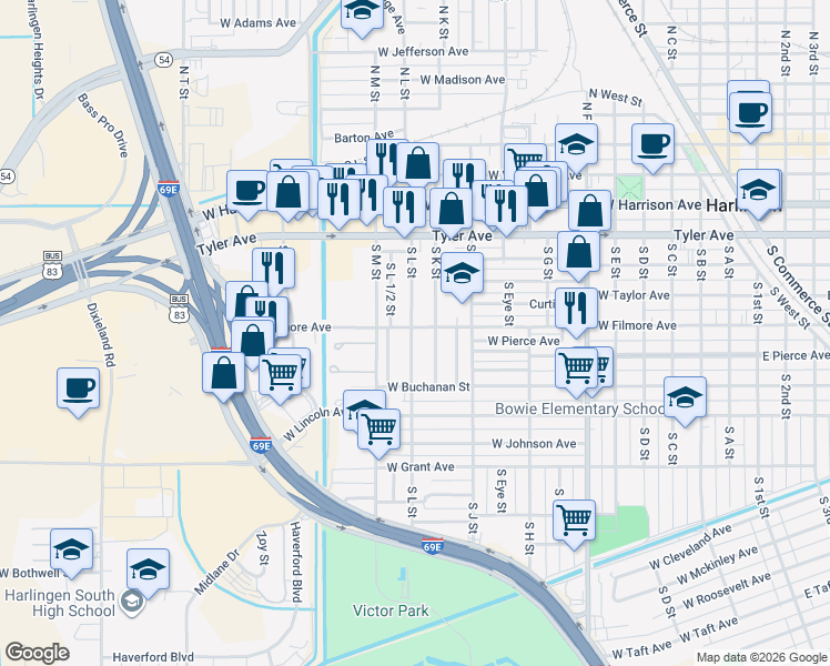 map of restaurants, bars, coffee shops, grocery stores, and more near 722 S K St in Harlingen