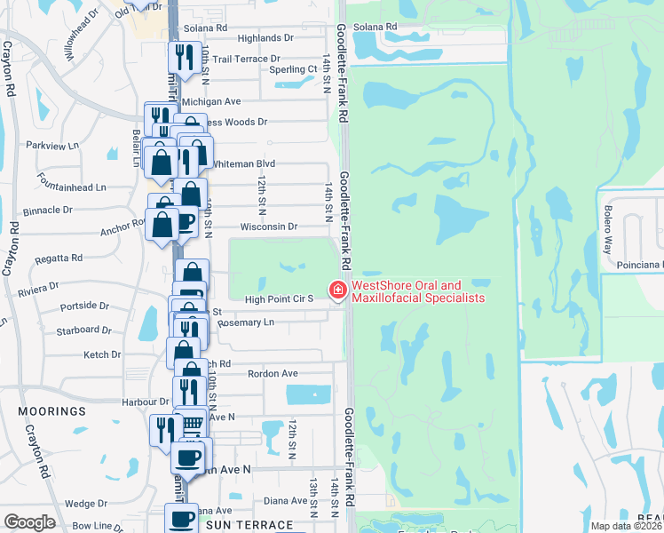 map of restaurants, bars, coffee shops, grocery stores, and more near 37 High Point Circle East in Naples