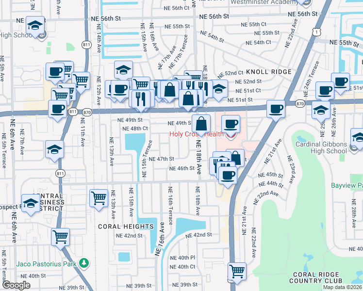 map of restaurants, bars, coffee shops, grocery stores, and more near 4760 Northeast 17th Avenue in Oakland Park