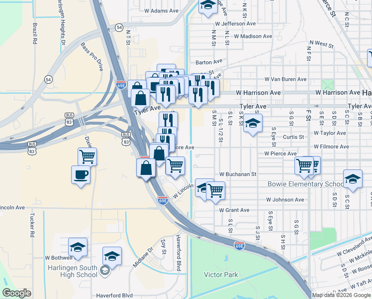 map of restaurants, bars, coffee shops, grocery stores, and more near 601 South P Street in Harlingen