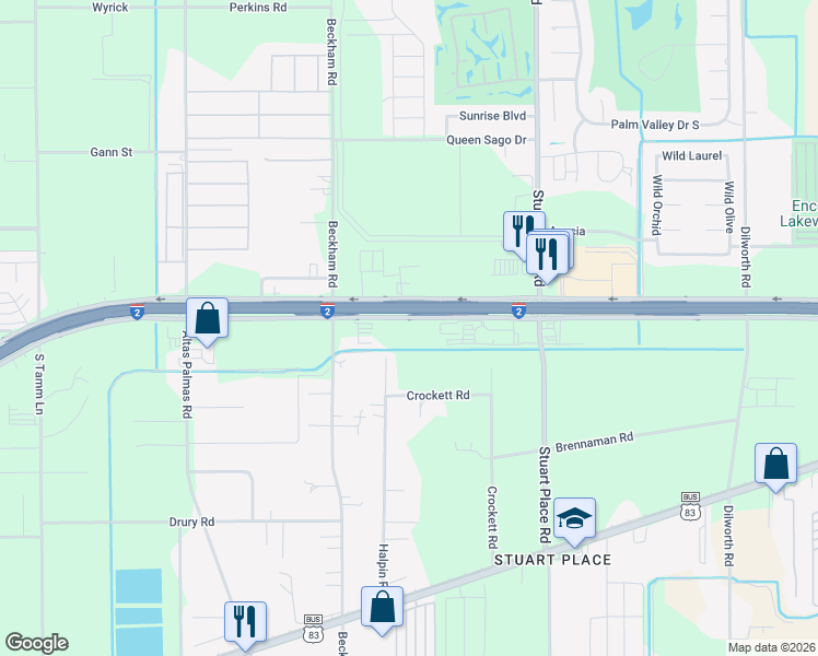 map of restaurants, bars, coffee shops, grocery stores, and more near in Palm Valley