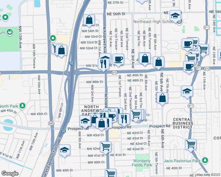 map of restaurants, bars, coffee shops, grocery stores, and more near 30 Northeast 48th Court in Fort Lauderdale
