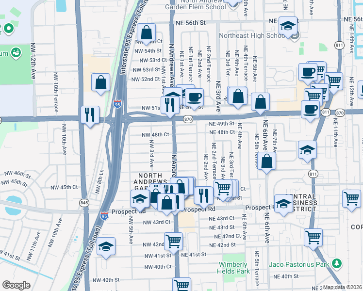 map of restaurants, bars, coffee shops, grocery stores, and more near 30 Northeast 48th Court in Fort Lauderdale