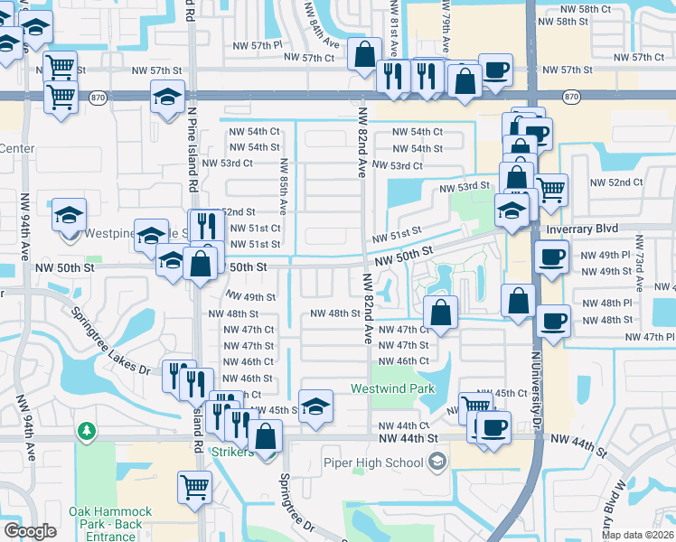 map of restaurants, bars, coffee shops, grocery stores, and more near 8320 Northwest 51st Street in Lauderhill