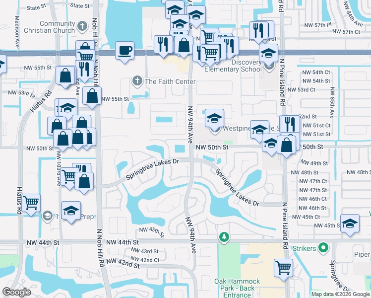 map of restaurants, bars, coffee shops, grocery stores, and more near 9424 Northwest 49th Place in Sunrise