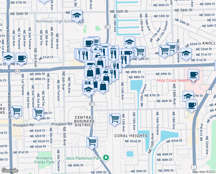 map of restaurants, bars, coffee shops, grocery stores, and more near 1072 Northeast 48th Court in Oakland Park