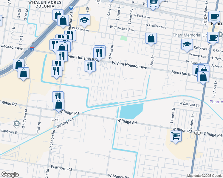 map of restaurants, bars, coffee shops, grocery stores, and more near 1015 West Sam Houston Boulevard in Pharr