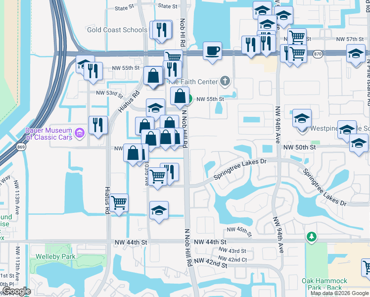 map of restaurants, bars, coffee shops, grocery stores, and more near 4999 N Nob Hill Rd in Sunrise