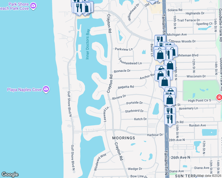 map of restaurants, bars, coffee shops, grocery stores, and more near 285 Bahia Point in Naples