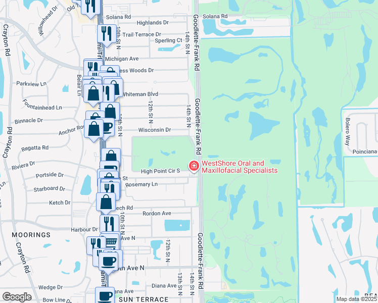 map of restaurants, bars, coffee shops, grocery stores, and more near 21 High Point Circle East in Naples