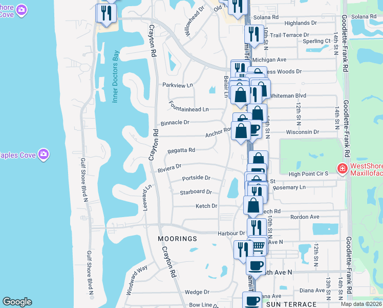 map of restaurants, bars, coffee shops, grocery stores, and more near 605 Regatta Road in Naples