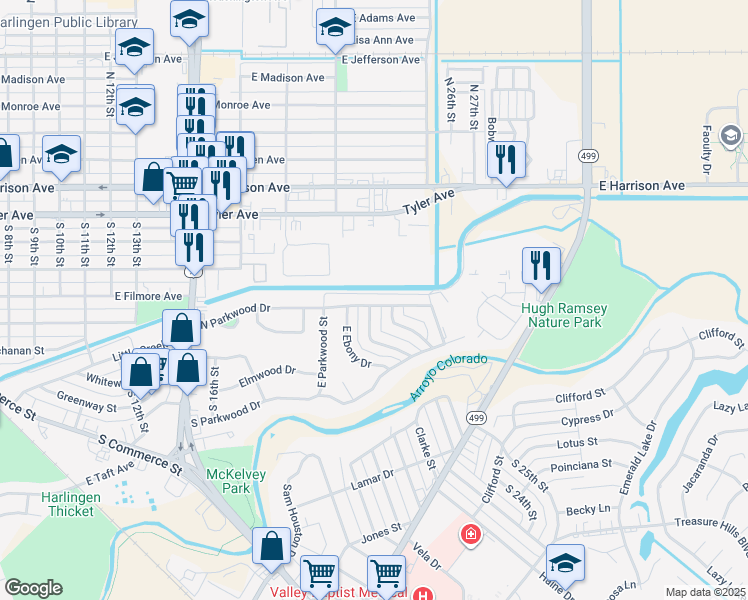 map of restaurants, bars, coffee shops, grocery stores, and more near 2225 North Parkwood Street in Harlingen